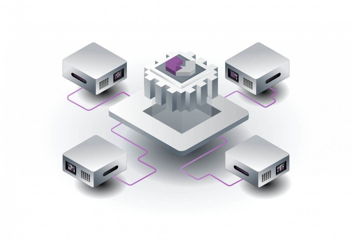 Illustration: Zentrales AI.GO Element mit vier angebundenen Terminals