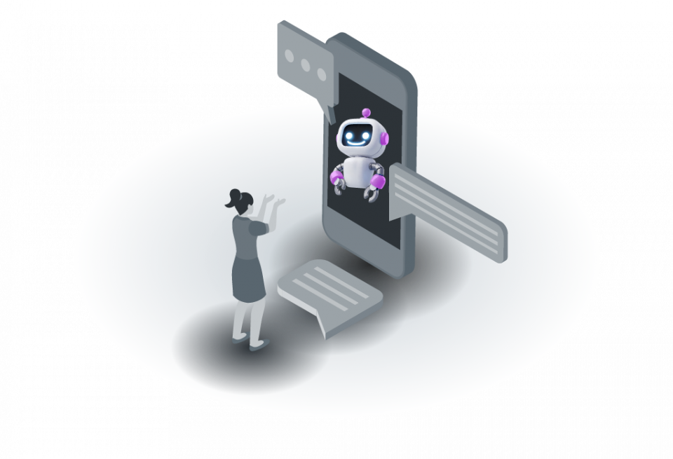 Illustration: Frau steht vor großem Mobiltelefon mit Chatbot, der aus dem Bildschirm kommt