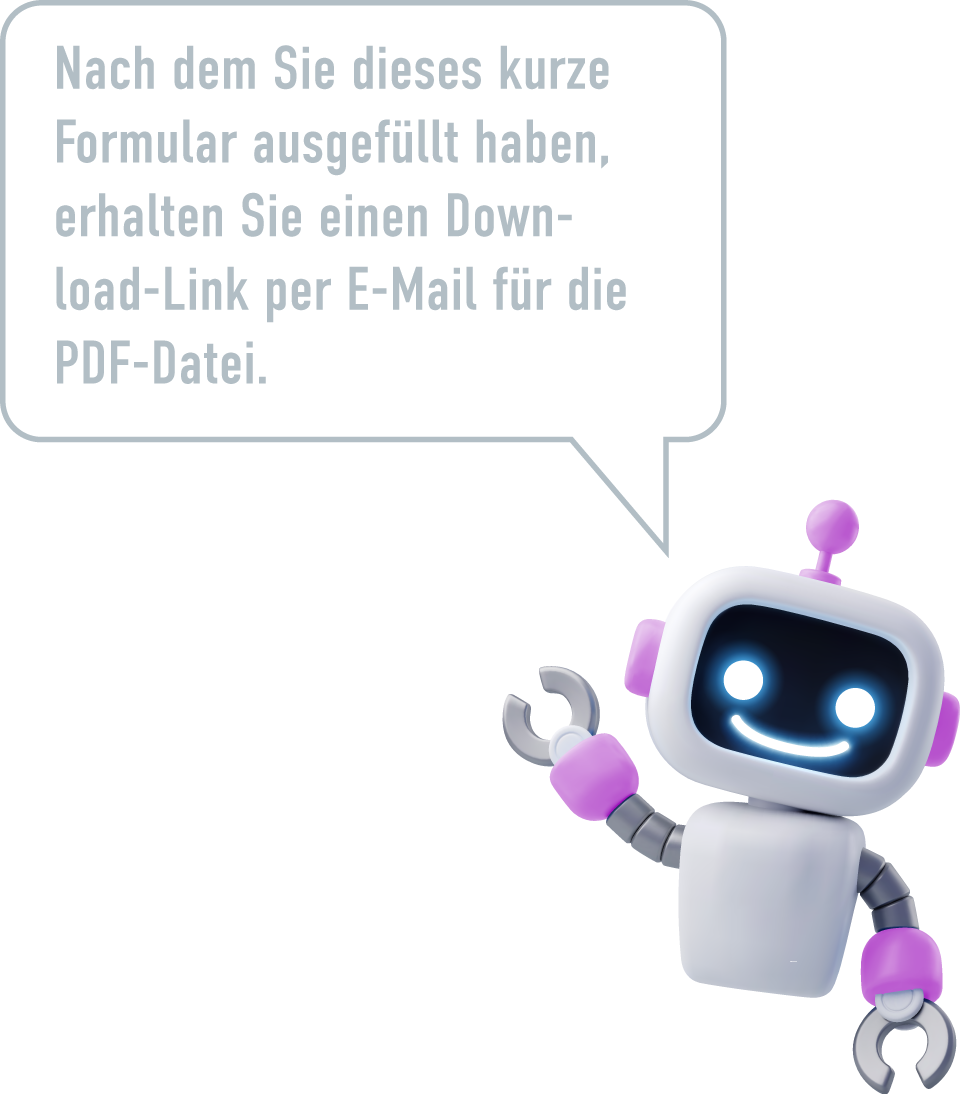 Der Chatbot „Aigo“ mit Spechblase sagt: „Nach dem Sie dieses kurze Formular ausgefüllt haben, erhalten Sie einen Download-Link per E-Mail für die PDF-Datei.“
